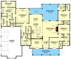 the first floor plan for a home with two master suites and an attached pool area