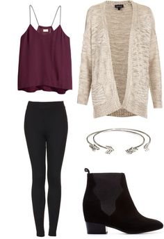 dark magenta tank, cream shrug, black leggings, black boot, silver cuff Winter Date Outfits, Look Grunge, Kendall Jenner Outfits, Mode Casual, Cute Winter Outfits, Outfit Trends, Clothing Stores, Girl Clothing, Winter Mode