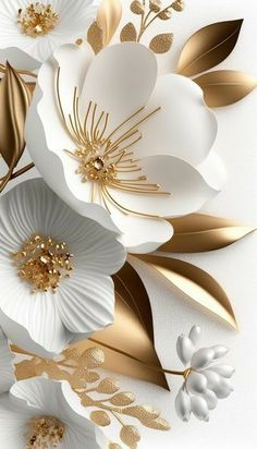 white flowers with gold leaves on a white background