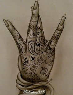 a drawing of a hand with tattoos on it