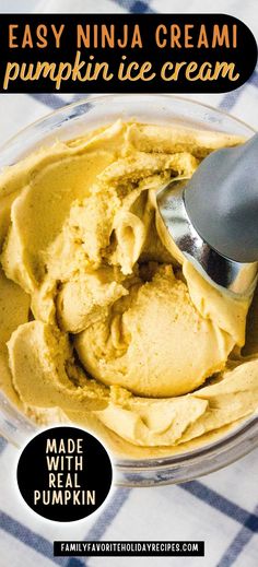 an ice cream recipe in a glass bowl with a scooper full of pumpkin ice cream