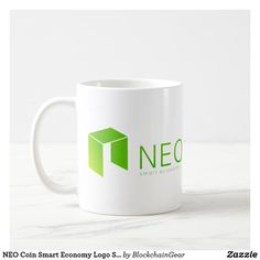 a white coffee mug with the neo logo on it