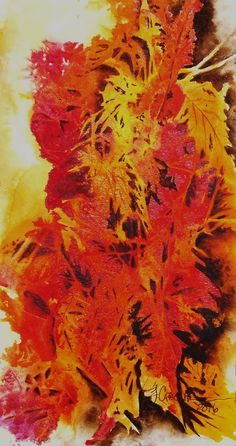 an abstract painting with red and yellow leaves