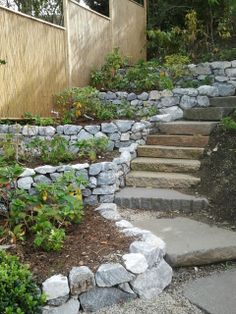 stone steps lead up to the side of a house