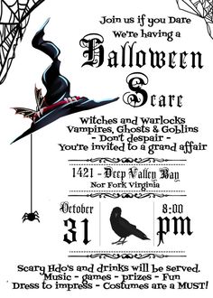 a flyer for a halloween party with a witch's hat on it