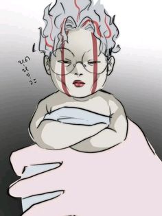 a drawing of a baby wrapped in a blanket with blood on it's forehead