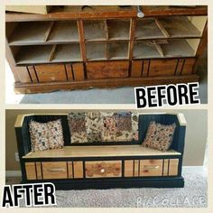 before and after photos of an old dresser turned into a couch with pillows on it