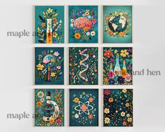 six different paintings with flowers and plants on them, each depicting the letter g in floral designs