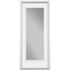 a white door with a mirror on the front and side paneled in silver trim