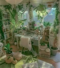 a living room filled with lots of plants and bookshelves next to a window