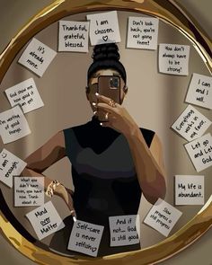 a woman taking a selfie in front of a mirror with notes on the wall