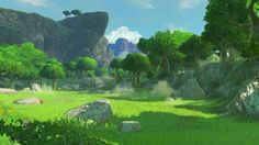 an animated scene with rocks and grass in the foreground