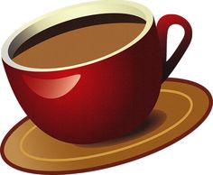 a red coffee cup sitting on top of a saucer next to a brown plate