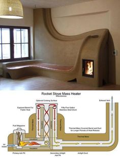 an image of a room with a fire place in the middle and a floor plan below