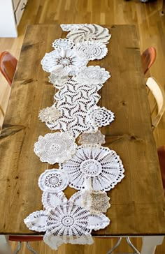 the table is covered with white doily