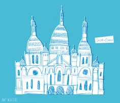 a blue and white drawing of a cathedral