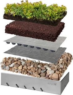 three different types of plants growing in trays on top of each other with rocks and gravel below