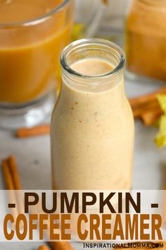 pumpkin coffee creamer in a glass jar next to cinnamon sticks