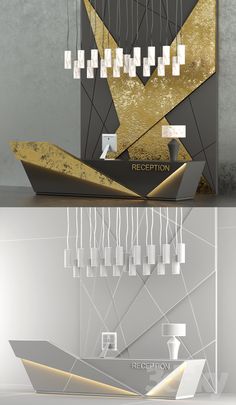 an artistic display with gold and silver shapes