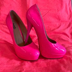 Brand New Hot Pink Heels Never Worn Size 8 Hot Pink Heels Prom, Pink High Heels Aesthetic, Bold Pink Heels For Party, Bold Pink Party Heels, Neon Pink Heels, Hot Pink Thick Heels, Pink High Heel Synthetic Heels, Hot Pink Shoes, Pin Up Shoes