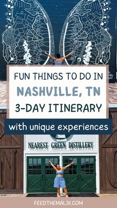 a woman standing in front of a sign that says fun things to do in nashville, tn with unique experiences