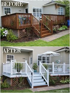 the before and after pictures of a deck that has been painted white with wood railings