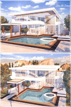 two renderings of a modern house with pool and hot tub in the front yard