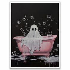 a painting of a ghost in a pink bathtub with soap bubbles floating around it