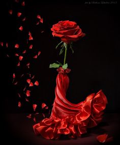 a red dress with roses in it and petals falling from the top to the bottom