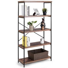 three tiered shelving unit with baskets and books