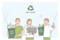 three people holding recycling bags and giving thumbs up to each other with the words recycling written on them