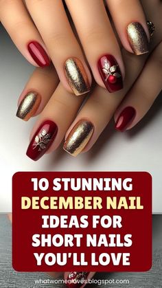 Holiday Nail Dip Ideas, French Tip Nails Red And Gold, December Nails Ideas Square, Christmas Nails Short Red And Gold, Holiday Nail Art Short Nails, Red Gold French Tip Nails, Red Christmas Nails Almond Shape, December Nails Short Square, December Gel Nail Ideas