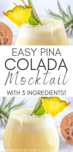 an easy pina cola cocktail with pineapple garnish on the rim and text overlay