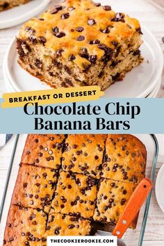 chocolate chip banana bars on white plates with text overlay that reads, breakfast or dessert chocolate chip banana bars