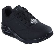 A favorite style arrives in comfort and safety with Skechers Work Relaxed Fit Uno SR. This slip-resistant utility design features a durable perforated synthetic durabuck upper with a Skechers Air-Cooled Memory Foam insole and Skech-Air visible airbag midsole. | Skechers Women's Work Relaxed Fit: Uno SR Sneaker | Wide Width | Relaxed Fit for a roomy comfort fit at toe and forefoot | Skechers Air-Cooled Memory Foam cushioned comfort insole | Skech-Air visible airbag midsole | Slip-resistant tracti Ergonomic Slip-on Sneakers With Cushioned Footbed, Ergonomic Black Slip-on Walking Shoes, Comfortable Black Slip-on Sneakers With Arch Support, Ergonomic Black Slip-on Sneakers, Black Ergonomic Slip-on Running Shoes, Utility Design, Girls Gift Guide, Skechers Relaxed Fit, Insole Design