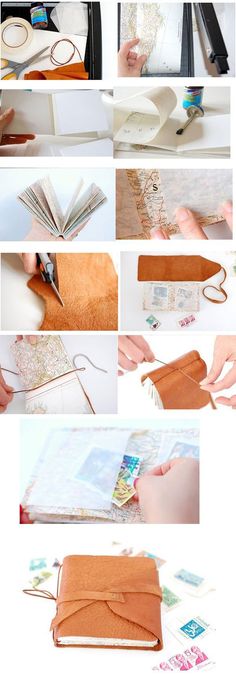 the instructions for how to make a book cover with fabric and leather trimmings