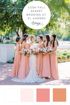 the bride and her bridesmaids with their bouquets in front of them, including peach