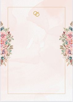 a wedding card with flowers and two gold rings on the top, in front of a watercolor background