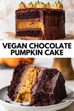 a slice of vegan chocolate pumpkin cake on a plate