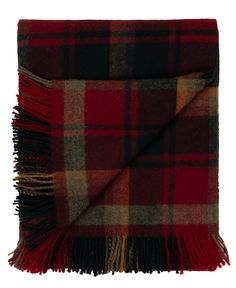 a red and black plaid blanket with fringes on the bottom, sitting in front of a white background