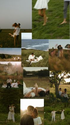 a collage of photos with people in the grass and one woman laying on her stomach