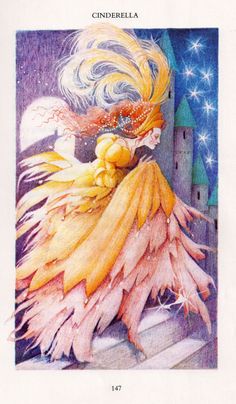 a drawing of a woman in a yellow dress with feathers on her head and the words cinderella written below