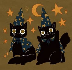 two black cats sitting next to each other in front of a crescent and stars background