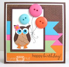 a birthday card with buttons and an owl