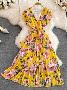 Floral Print Yellow V-Neck Summer Dress Pleated Long Dress, Maxi Vestidos, Dresses Ladies, Dress Women Elegant, Print Dresses, Vacation Beach, Party Dress Long, Summer Floral, Maxi Wrap Dress