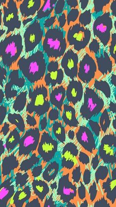 an abstract pattern with black, pink, green and orange flowers on a dark background