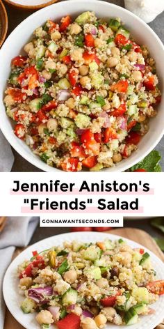 two bowls filled with different types of food and the words jenny anisto's friends salad