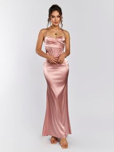 Shop Halter Corset Backless Satin Dress now at Partheafashion. You can also choose more fashion style. Pastel Pink Prom Dress, Satin Gown Dress, Backless Satin Dress, Halter Corset, Blush Pink Bridesmaid Dresses, Prom Dress Inspo, Rose Gold Dress, Pink Prom Dress, Unique Prom Dresses