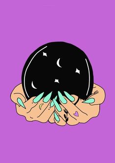 two hands holding a black ball with blue and green nail polishes on it, against a purple background