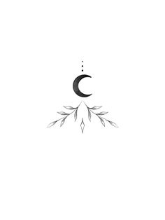 a black and white drawing of a crescent with two leaves on it's side